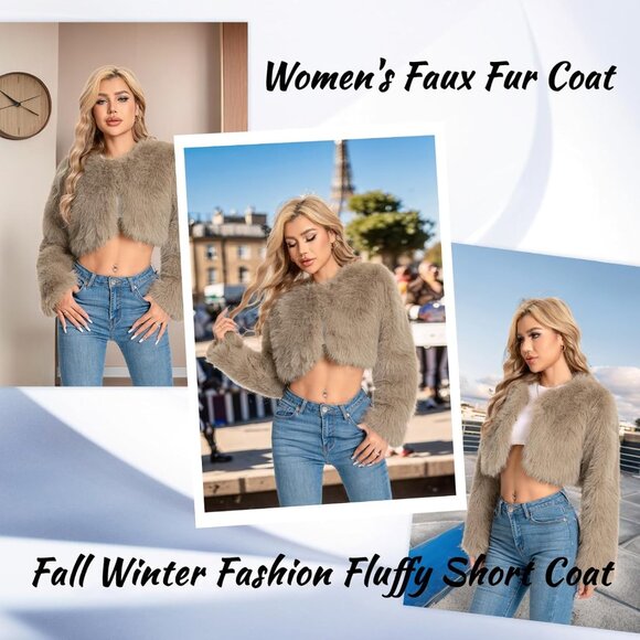 Women Khaki Cropped Fur Coat for Faux Furry Long Sleeve Cropped Fluffy Jacket - Picture 4 of 6